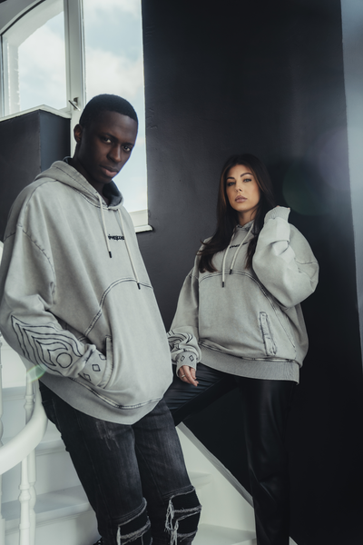 Male and female wearing the vintage hoodie